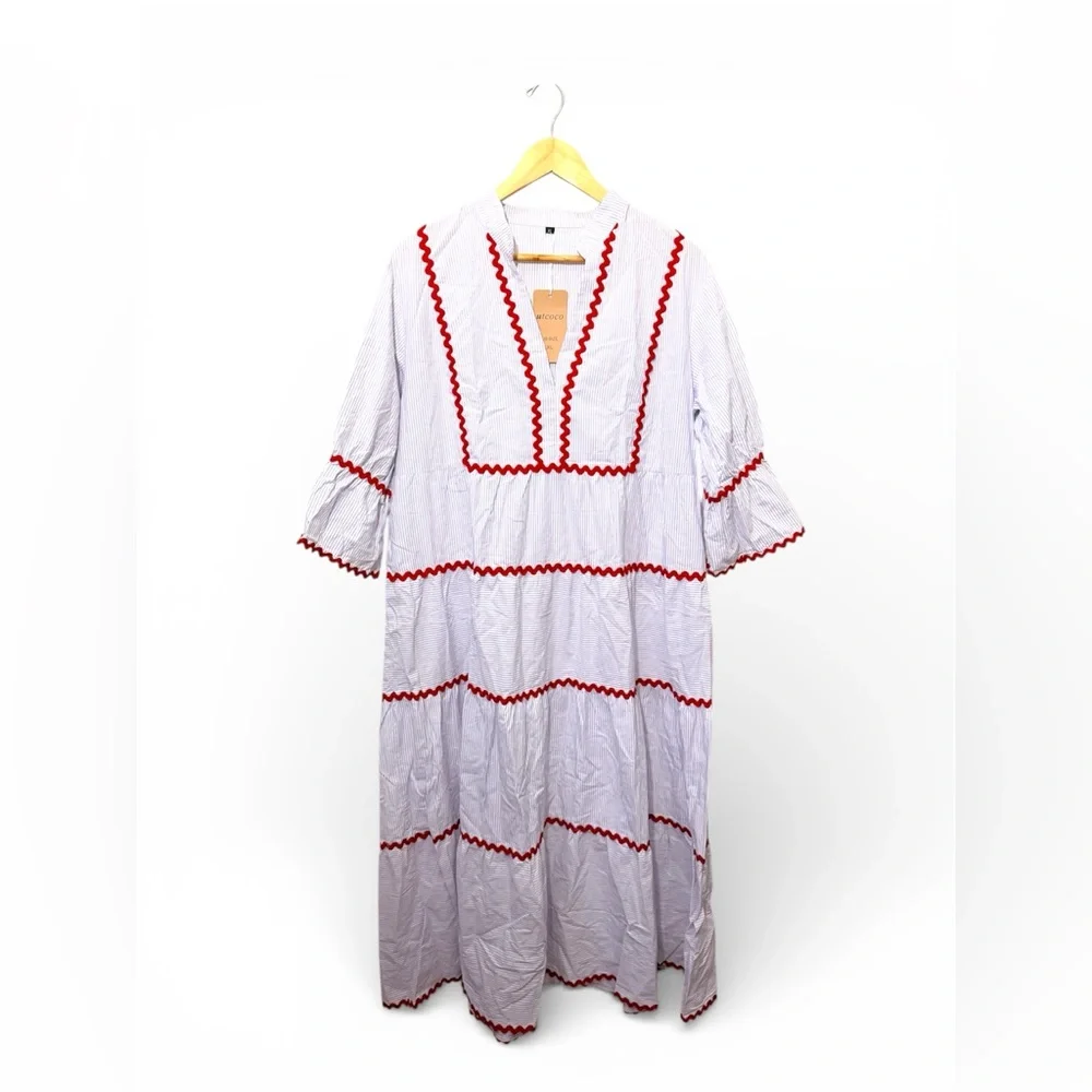 utcoco Summer Beach Boho Striped Flutter 3/4 Sleeve A Line Flowy Long Dress. - Picture 6 of 15